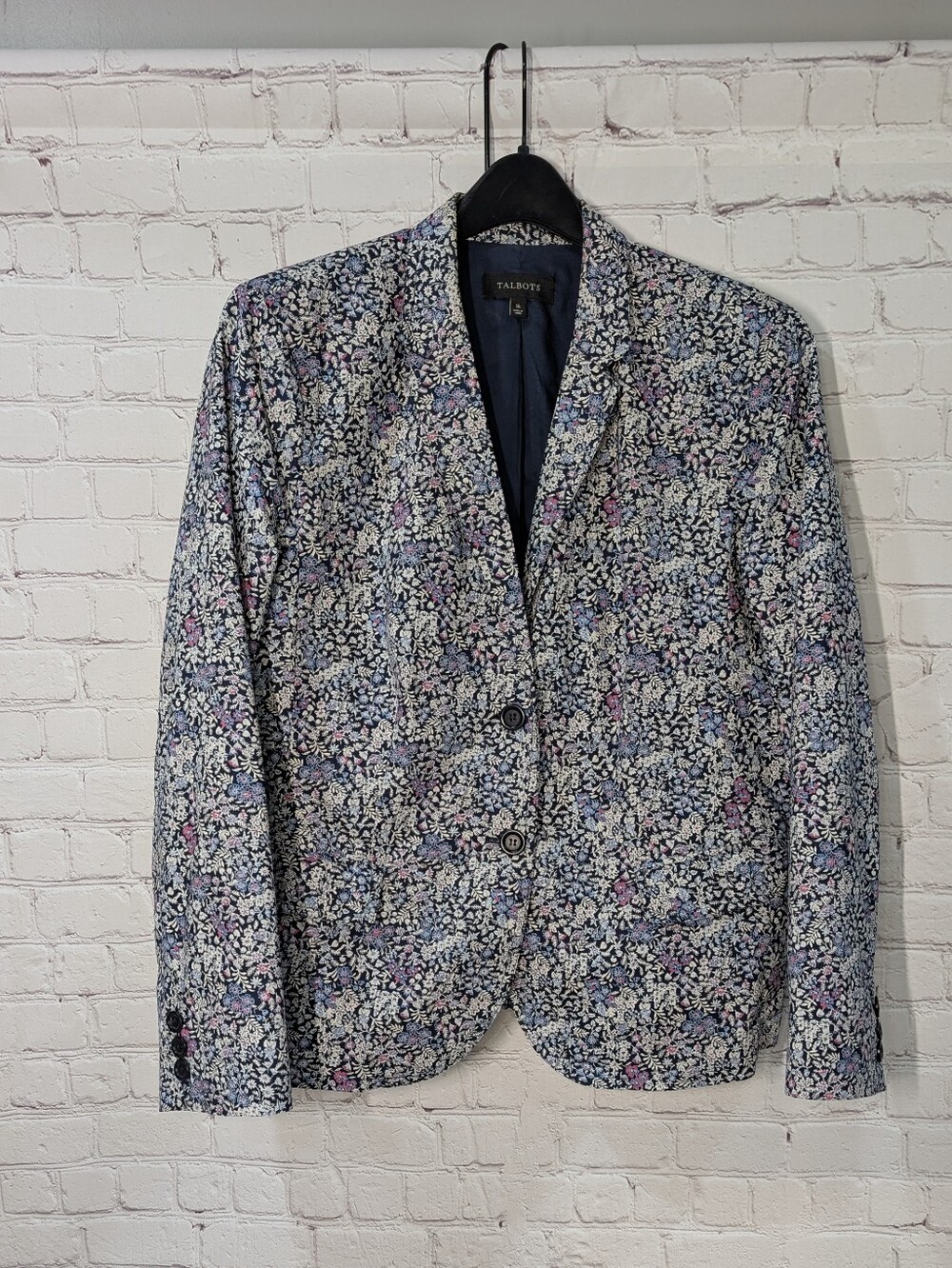 Talbots Navy Floral Blazer with Pink, White and Light Blue Accents